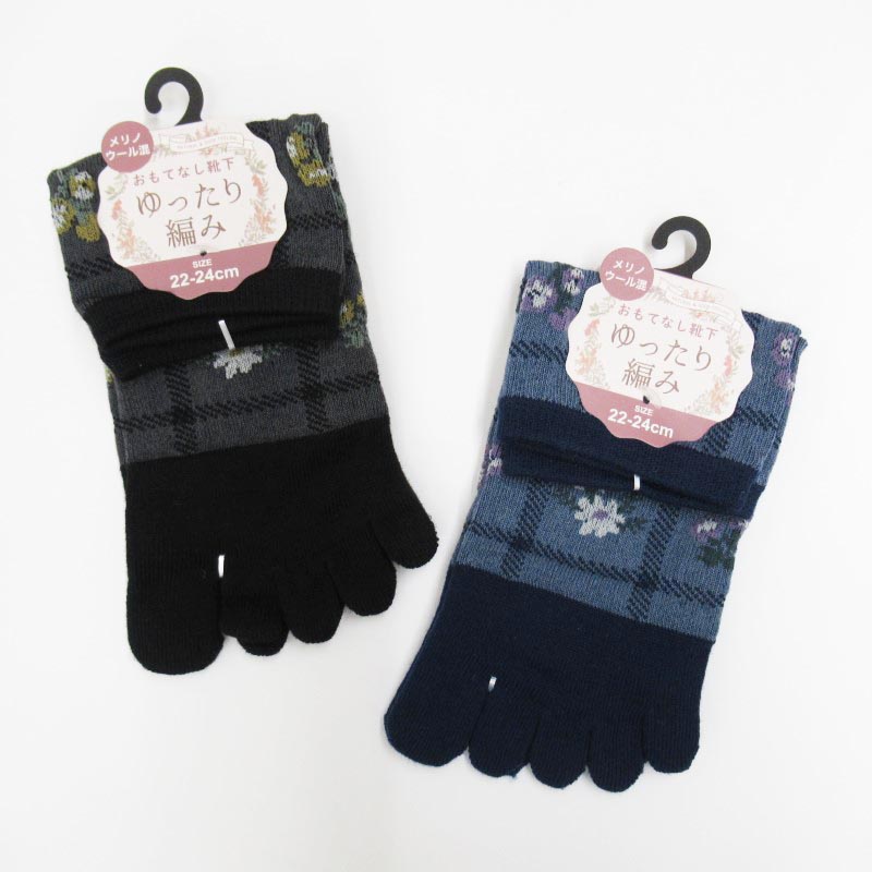 おもてなし靴下 クルー ゆったり編み 5本指 /フレーム花柄